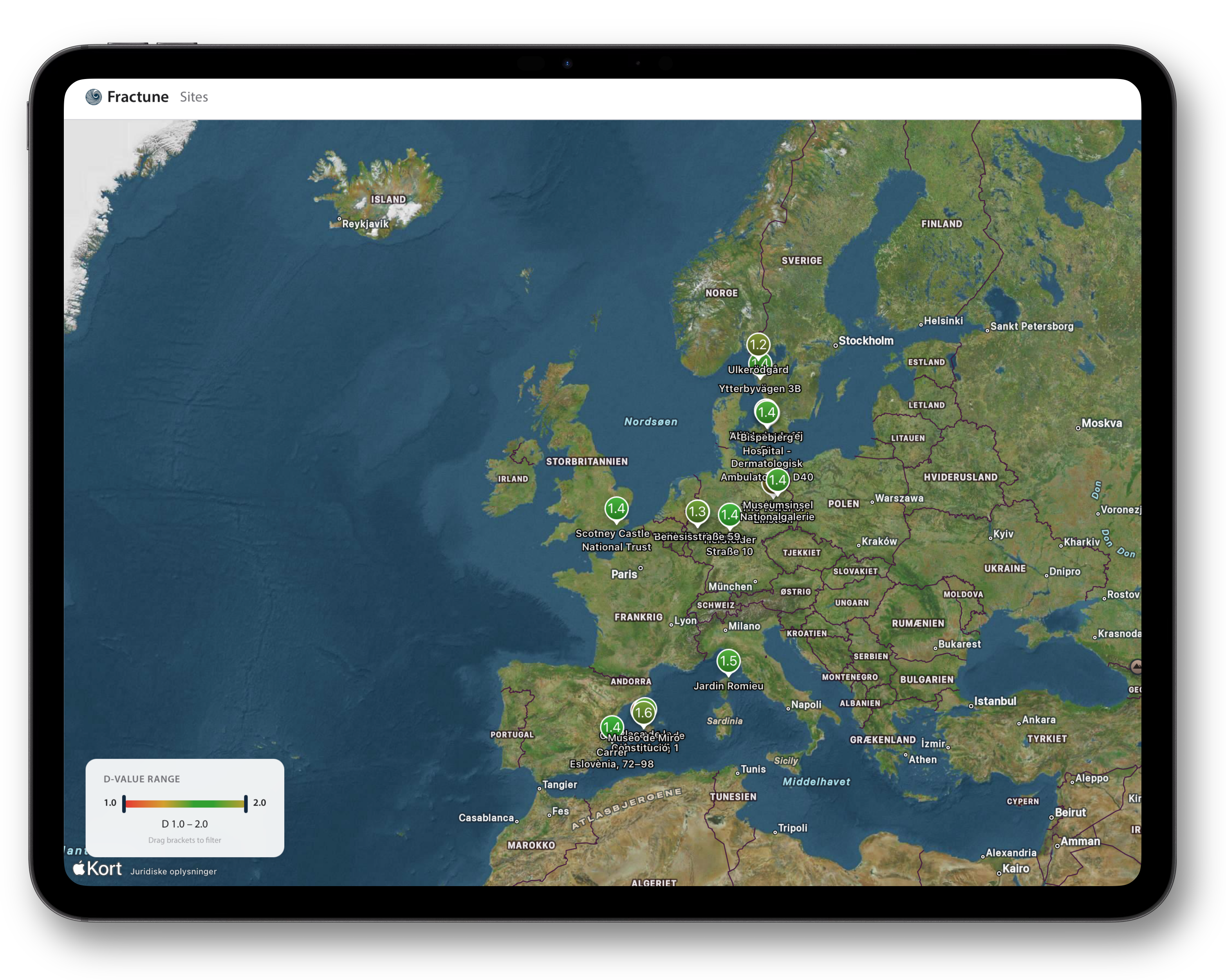 sites.fractune.dk showing analysed buildings on a satellite map of Europe